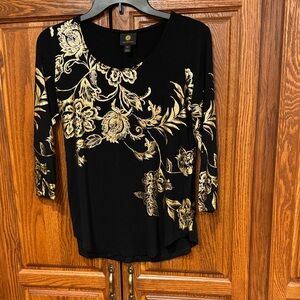 JM Collection Black and Gold Floral Long Sleeve Top